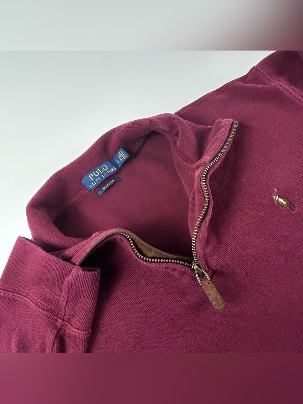 Polo Ralph Lauren Mens SZ L Estate Rib 1/4 Zip Pullover Preppy Burgundy Pony